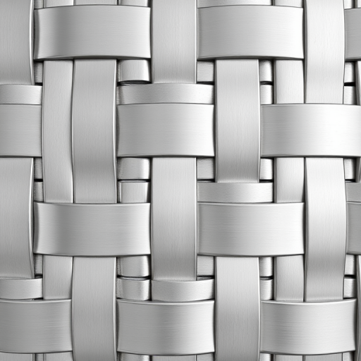generate a high-resolution image of a woven tile pattern in a glossy silver finish, camera settings: f/8, ISO 100, shutter speed 1/125s, camera view: top-down perspective, camera style: product photography, camera type: DSLR