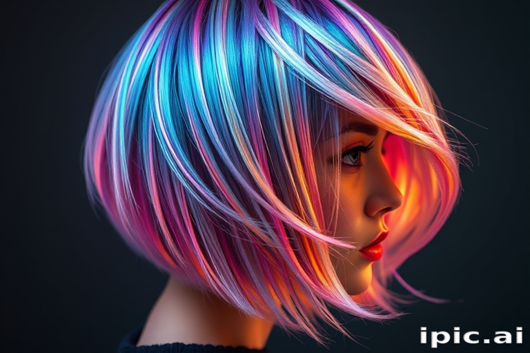 Mesmerizing holographic hair shifting colors with every movement, styled in a sleek bob cut, creating a futuristic illusion, named "Spectrum Shift"