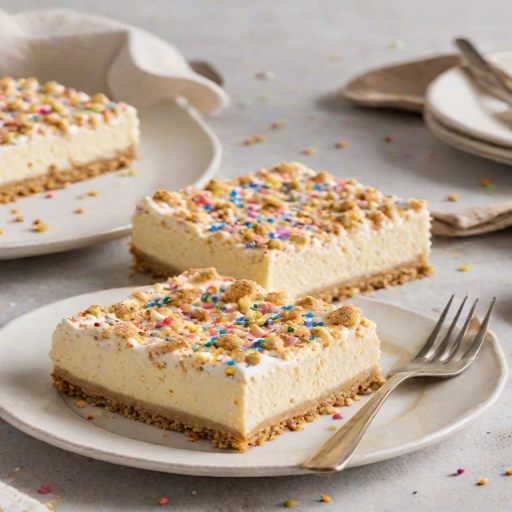 Regenerate an image of a creamy dessert slice with a graham cracker crust. The dessert has a smooth, pale yellow filling topped with a sprinkle of crushed graham crackers. The background features a glass dish with more of the dessert, and the setting is bright and inviting.