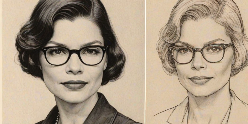 Splendid Jeanne Tripplehorn, pencil sketch, portrait of Sublime woman 1928s in glasses, hair style beatnik, outline, clear lines, fine lines, 8k