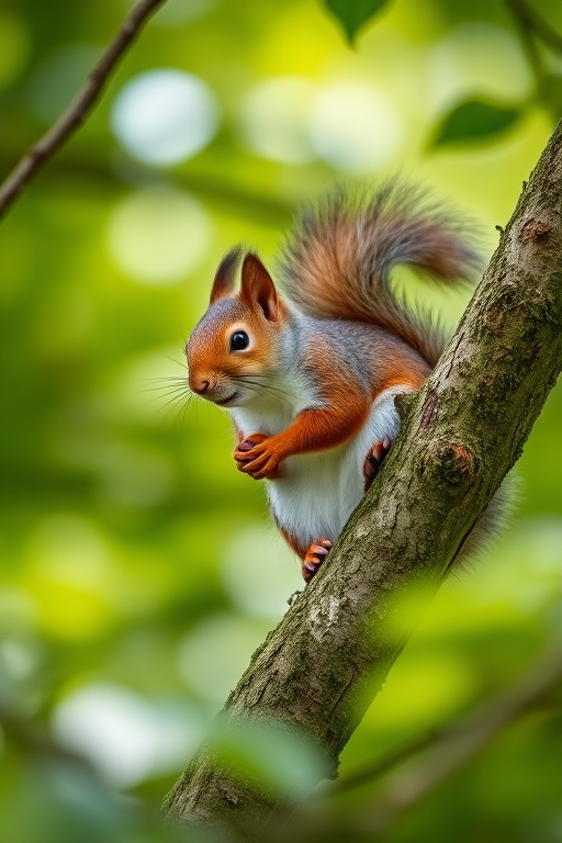 squirrel sitting on a tree branch in a lush green environment, shallow depth of field, 50mm lens, f/2.8 aperture, ISO 200, natural lighting, DSLR camera, macro photography style, soft bokeh background