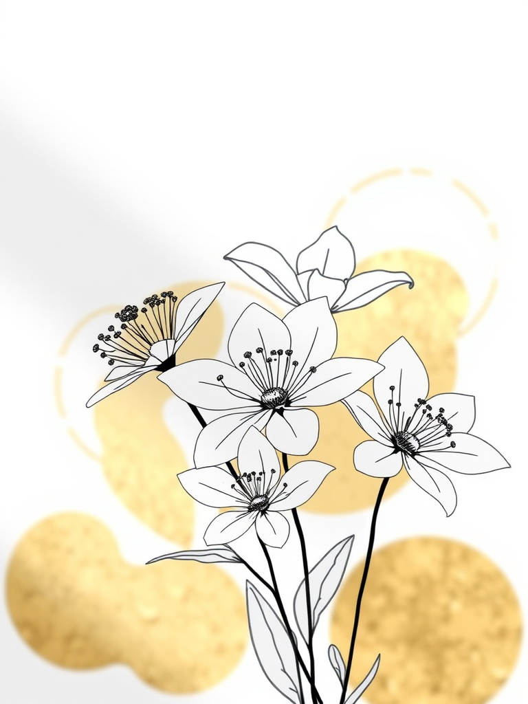 Create a minimalist line drawing of elegant flowers with gold abstract shapes in the background, shot with a Canon EOS R5, 50mm lens, f/2.8 aperture, ISO 100, soft natural lighting, and a shallow depth of field for enhanced detail and clarity.