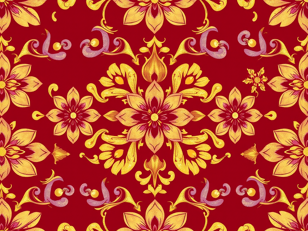 create a seamless pattern of intricate floral designs in rich burgundy background with gold and purple accents, 50mm lens, f/8 aperture, ISO 100, shot from above with a soft focus macro style, using a digital DSLR camera.
