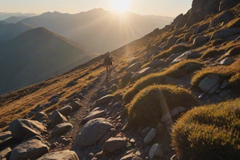 Blurry action shot of a hiker climbing a rocky trail at dawn, soft golden light from the rising sun casting long shadows on the ground, with a distant mountain range barely visible in the mist.