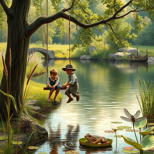 Imagine a small group of old fashioned young boys out fishing by the creek, a swing hanging from a tree branch, reeds and grasses by the water's edge, a frog sitting on a lily pad, dragonflies hovering over som water plans, a very iconic old fashioned scene reminiscent of a Norman Rockwell painting style