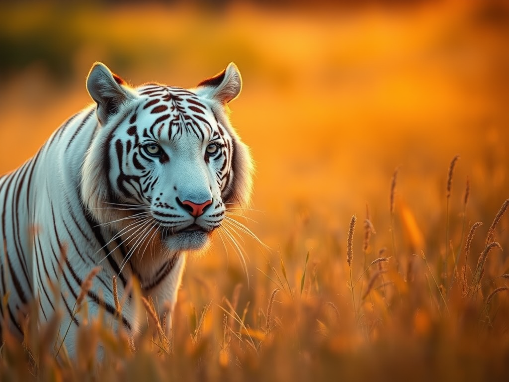 White tiger in a lush golden grassfield during sunset, macro lens, aperture f/2.8, ISO 100, 85mm, shallow depth of field, DSLR style photography.