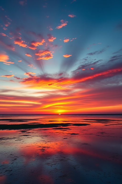 Generate a high-resolution image of a serene landscape at sunset with vibrant colors, using a DSLR camera, 50mm lens, f/1.8 aperture, ISO 100, and a wide-angle view to capture the expansive sky and reflecting water.