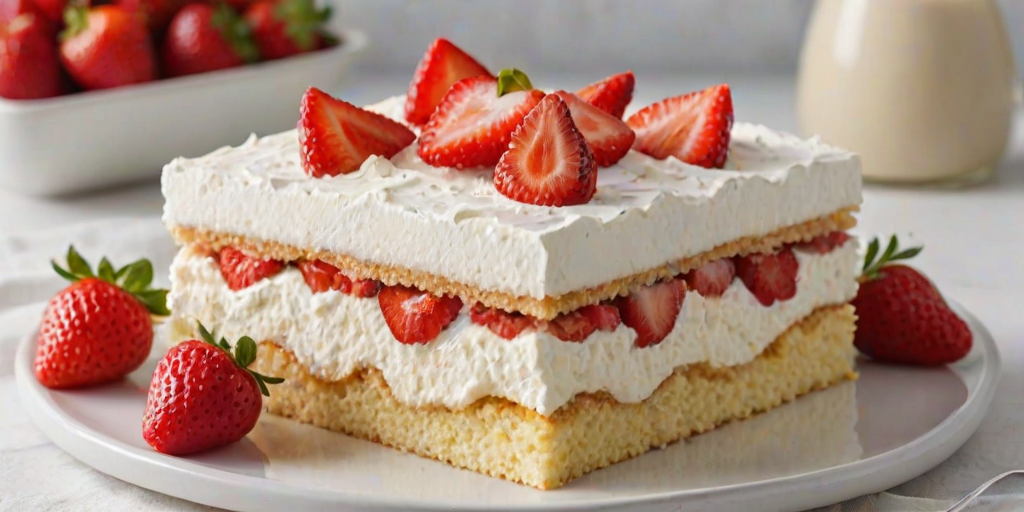 Create an image of a layered dessert featuring light sponge cake, whipped cream, and fresh strawberries. The dessert should be presented in square slices, with a bright and appealing aesthetic. Include a few whole strawberries on top for decoration, and set the scene on a clean, white background to emphasize the freshness and sweetness of the cake.