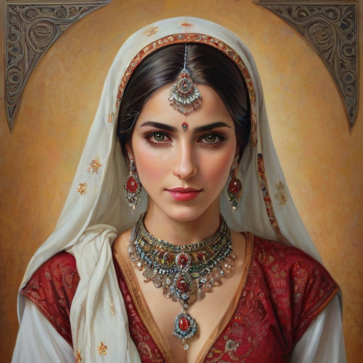 Create a portrait of a beautiful Sephardic woman with striking red eyes and a gentle expression. She is adorned in traditional attire with intricate patterns, including a richly embroidered headscarf and matching garments. Her jewelry includes a delicate headpiece, dangling earrings, and ornate bracelets, all featuring vibrant gemstones and detailed metalwork. The background is soft and warm, enhancing the rich colors of her outfit and jewelry.