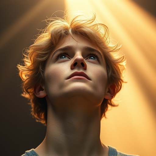 Regenerate an image of a young man with curly blonde hair gazing upward with a serene expression, illuminated by soft, golden light streaming from above, shot with a DSLR camera at ISO 100, f/2.8 aperture, 50mm lens, natural soft lighting, in a portrait style.