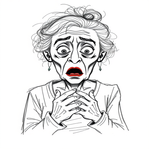 scribbly unfinished sketch, old lady with messy gray hair in a loose bun, surprised expression, mouth open, hands clasped together in front of her chest. Her eyes are wide, eyebrows are furrowed. vibe of shock or surprise.