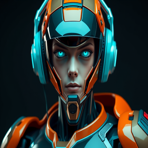 Create a futuristic portrait of a humanoid robot with sleek, glossy armor and vibrant orange and teal color accents, wearing high-tech headphones and reflective visor, shot with a DSLR camera at f/1.8, ISO 100, shutter speed 1/200s, in a close-up view with dramatic lighting against a dark background.