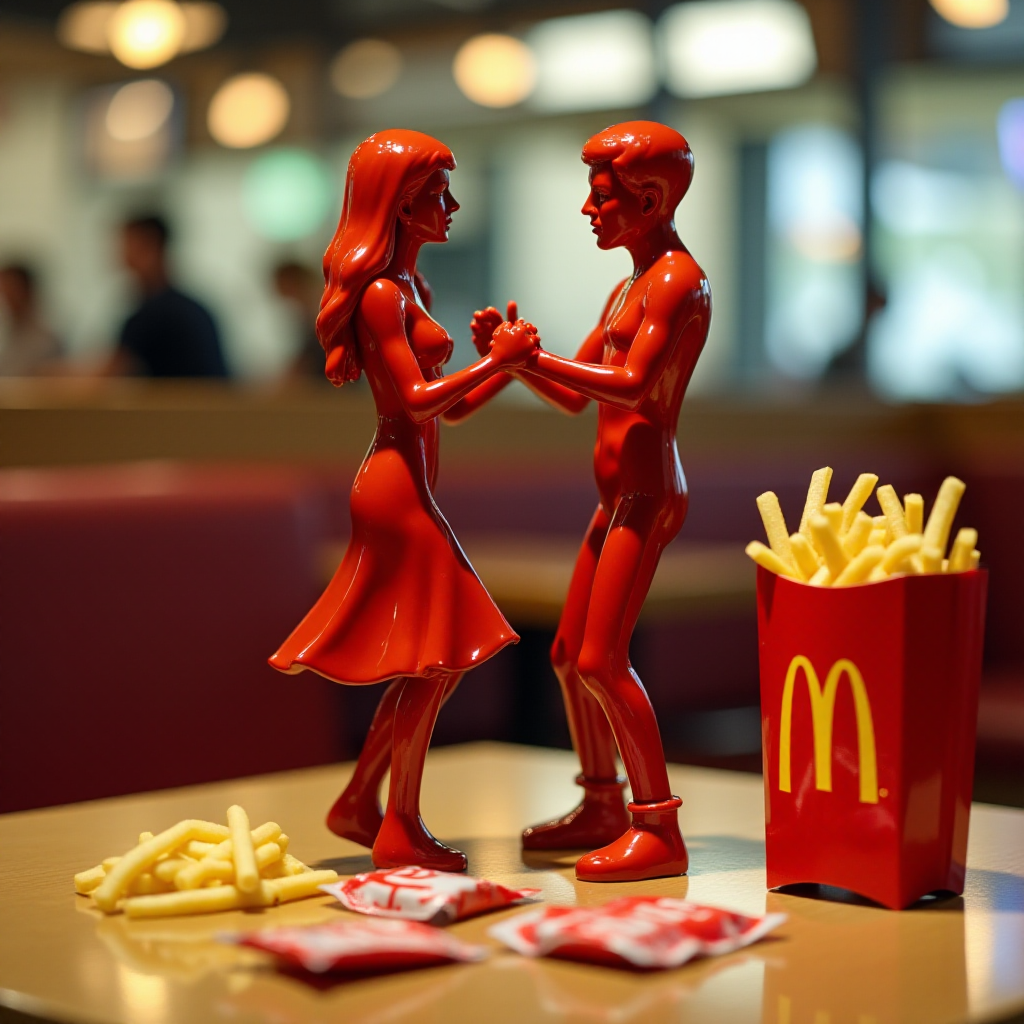 A hyperdetailed image of a woman made entirely of ketchup dancing with a stick figure man made of french fries, placed on a table at a McDonald's restaurant. Add a McDonald's french fry box and some open, empty ketchup packets to the table.