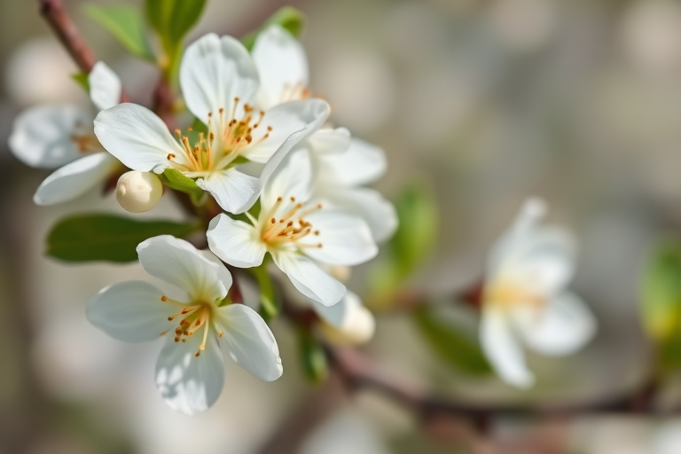 Capture a close-up of white apple blossoms in a soft-focus background, using a 50mm lens at f/2.8, ISO 200, 1/200 sec, with natural lighting, in macro photography style, full-frame DSLR camera.