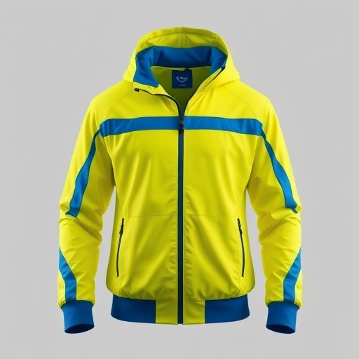 Generate a high-resolution image of a bright yellow athletic jacket with blue accents, using a DSLR camera at f/2.8, ISO 100, in a frontal view with soft diffused lighting for even color distribution.