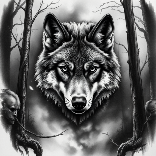 Realistic black and grey tattoo called "Forest Guardian" portraying a lifelike wolf emerging from misty woods with incredible detail in fur texture, piercing eyes, and atmospheric background shading