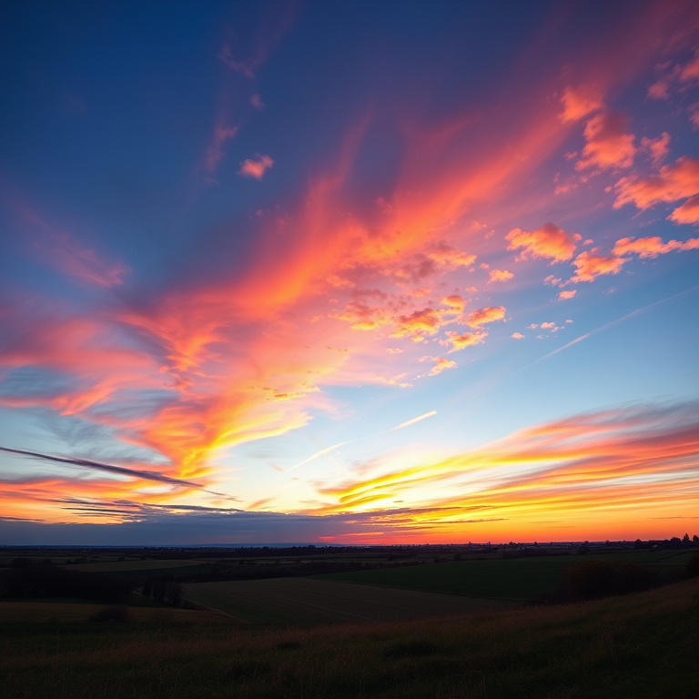 Create a high-resolution image of a serene landscape during sunset with vibrant colors in the sky, using a Canon EOS 5D Mark IV, 50mm lens, aperture f/1.8, ISO 100, with HDR photography style and a wide-angle view for enhanced depth and detail.