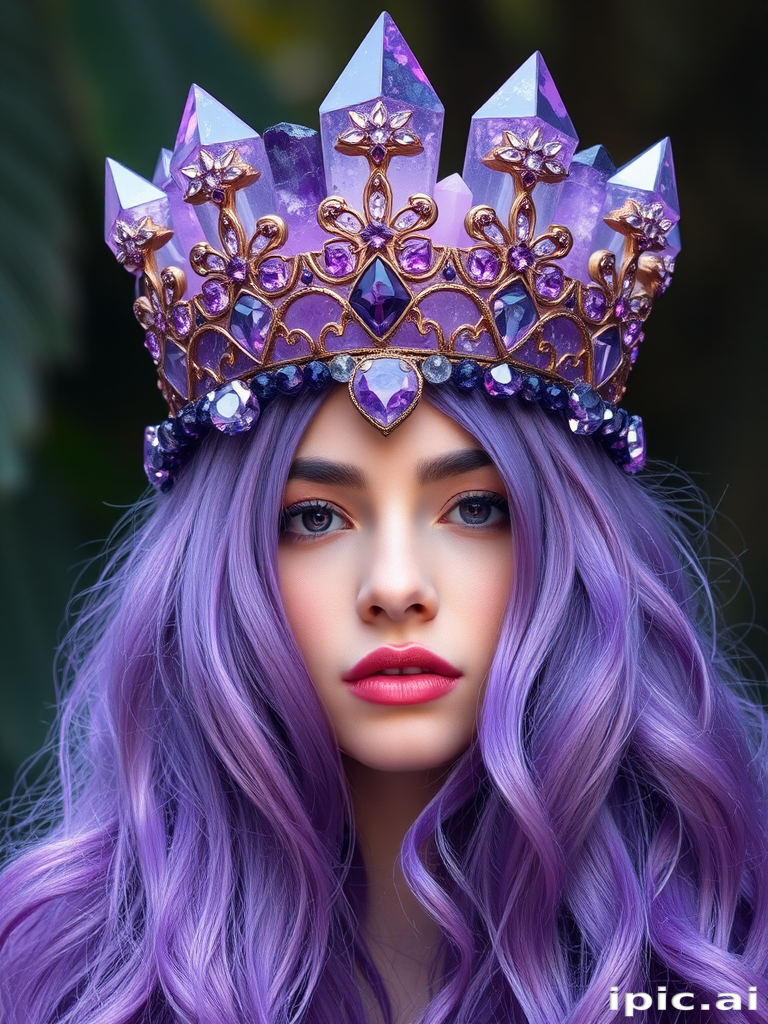 Mystical amethyst crystals form a regal crown atop cascading violet locks, infused with shimmering quartz dust for a truly magical and healing aura