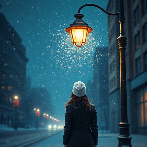 Create a high-resolution digital illustration of a woman standing under a streetlight in a snowstorm, with soft lighting and a warm glow from the lamp, using a Canon EOS R5, 50mm lens, f/1.8 aperture, ISO 100, captured at dusk for enhanced depth and clarity.