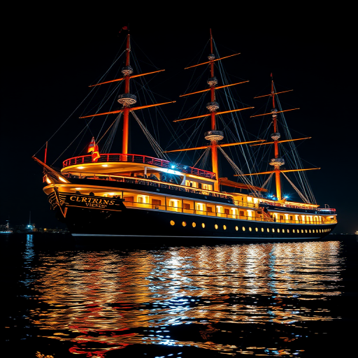 A majestic ship illuminated at night, showcasing intricate details on the hull and masts, with vibrant reflections in calm waters, captured in dramatic lighting; camera settings: f/2.8, ISO 100, shutter speed 1/125s; camera view: low-angle shot; camera style: cinematic; camera type: DSLR.