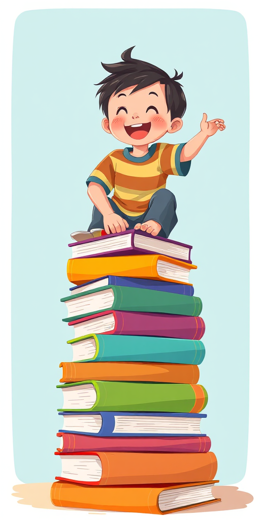 create an illustration of a happy child climbing a stack of colorful books, vibrant colors, cheerful expression, with a focus on the books, using a Canon EOS R5, 35mm lens, f/2.8 aperture, 1/200s shutter speed, shot from a slightly low angle to emphasize the height of the books, bright and clear lighting for enhanced vibrancy