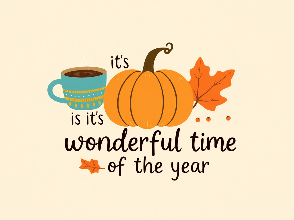 Create a cozy autumn-themed illustration featuring a smiling pumpkin, a warm coffee cup, a colorful sweater, and a vibrant fall leaf with the text its the most wonderful time of the year in a playful font on a soft beige background.