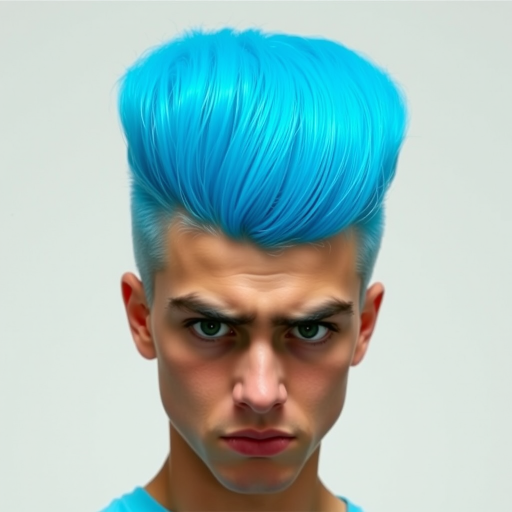 Image of a person with their hair styled upright,  in a cylinder shape. The hair  color is neon blue and appears to be held in place by a hair product, giving it a fluffy texture. The background is nondescript, and the person's face is looking at the viewer nervously.