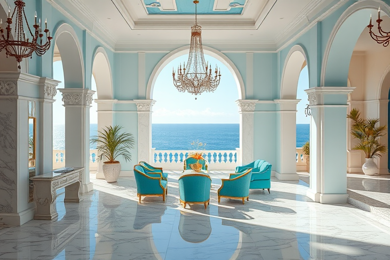 luxurious coastal villa interior with turquoise accents and chandeliers, bright sunlight illuminating marble floors, ocean view through grand arches, aperture f/2.8, ISO 100, 24mm lens, DSLR with soft focus style