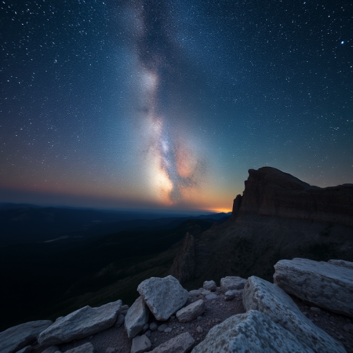 night sky landscape with the Milky Way over rocky mountains, f/2.8 aperture, ISO 3200, 30 seconds exposure, wide-angle lens, taken with a DSLR camera from a high vantage point at night