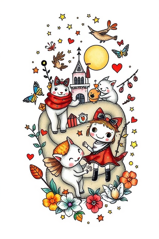 Illustrative tattoo design titled "Storybook Whimsy" featuring whimsical characters and scenes reminiscent of children's book illustrations with a mix of color and black linework