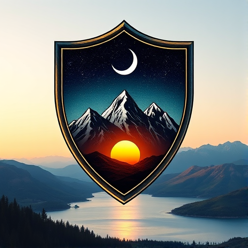 a detailed illustration of a shield featuring a crescent moon above mountains and a tranquil body of water with a sun setting behind the mountains, use a 50mm f/1.8 lens, ISO 100, aperture of f/8, shot in soft natural light, captured with a DSLR camera at eye level for enhanced clarity and contrast