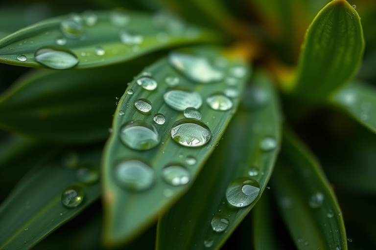 Close-up of green leaves with water droplets, macro lens, f/2.8 aperture, 100mm focal length, shallow depth of field, natural light, Nikon D850.