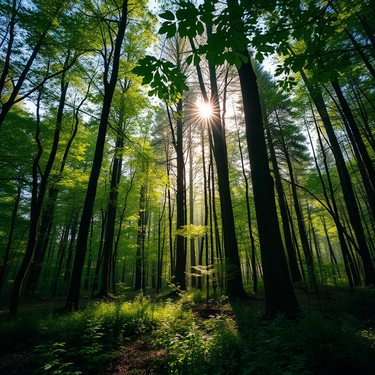 Generate a high-quality image of a lush forest with sunlight filtering through the trees, using a DSLR camera with a 50mm lens, aperture set to f/1.8, shutter speed at 1/125s, ISO 100, shot from a low angle perspective, with a vibrant color profile and enhanced contrast.