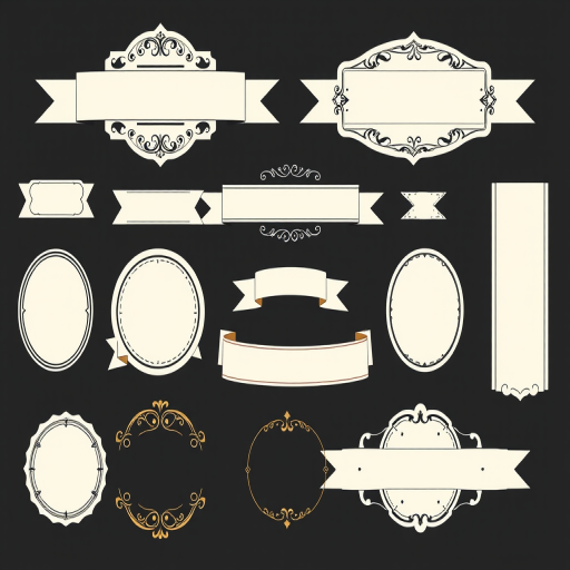 Create a set of decorative labels and banners in various shapes and styles, focusing on a clean, modern design with a dark background and light accents, captured with a DSLR camera at f/2.8, ISO 100, 50mm lens, top-down view, and soft lighting to enhance details and colors.