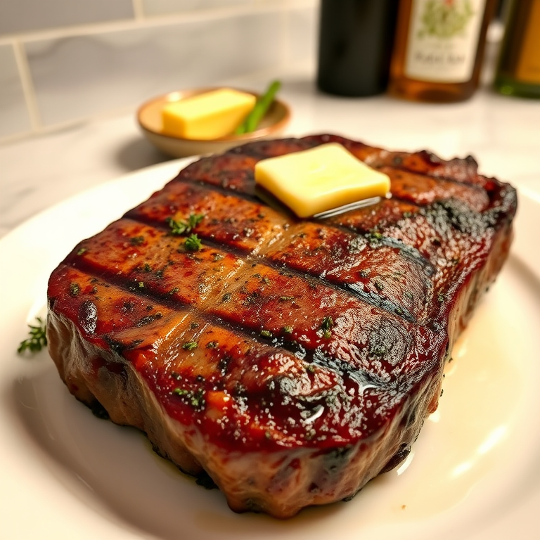 Create an image of a perfectly seared ribeye steak, resting on a white plate with a pat of melting butter on top. The steak is seasoned with fresh herbs like thyme and parsley, with glistening juices highlighting the texture of the meat. The background features a soft focus on a light, marble countertop, with a small dish of butter and an olive oil bottle in the distance. The overall mood should be warm and inviting, capturing the deliciousness and juiciness of the steak.