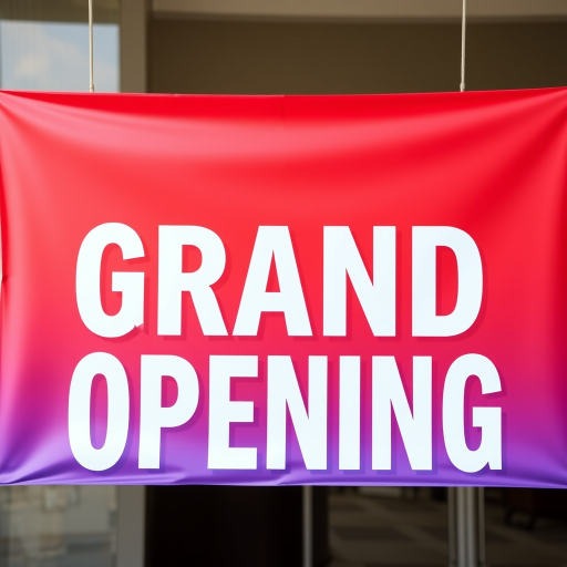 Create an image of a colorful grand opening banner with bold text that says "GRAND OPENING" in white letters, set against a vibrant gradient background of red, yellow, and blue, using a DSLR camera with a 50mm lens, f/2.8 aperture, at ISO 100, captured from a straight-on view with natural lighting for enhanced clarity and vibrancy.