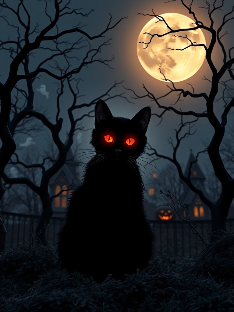 A spooky Halloween landscape featuring a black cat with glowing red eyes, surrounded by twisted, bare trees under a full moon, with ghosts in the background, dusk setting, 50mm lens, f/2.8 aperture, ISO 400, soft focus background, high contrast colors.