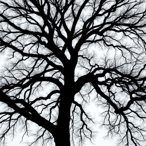 Create an abstract black silhouette of a tree with intricate branches and a slightly textured background, captured using a Canon EOS R5 with a 50mm lens at f/1.8, ISO 100, 1/200s in natural light from a low angle.