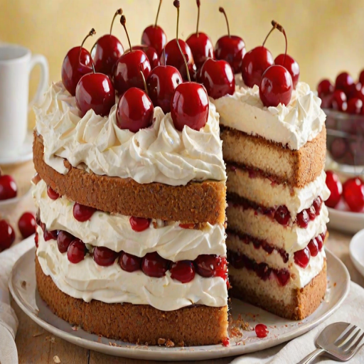 Create a visually appealing image of a layered cake decorated with whipped cream, white chocolate shavings, and topped with bright red cherries. The background should be soft and neutral, highlighting the cake's details. Include a few cherries and chocolate shavings on the side for added texture.