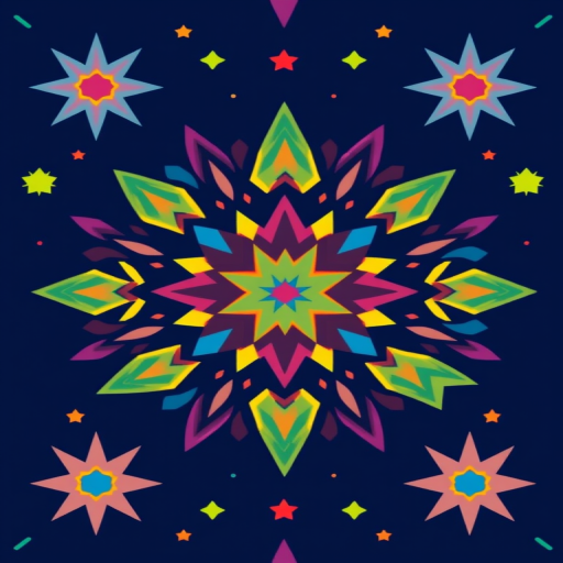 create a vibrant pattern design featuring stars, colorful geometric shapes, and abstract elements on a deep navy background, high resolution, camera settings: f/2.8, 1/200s, ISO 100, wide-angle view, digital art style, DSLR camera type