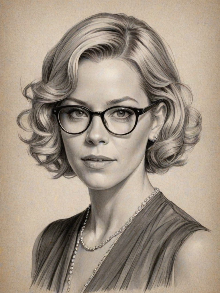 Comely Elizabeth Banks, pencil sketch, portrait of Captivating woman 1920s in glasses, hair style beatnik, outline, clear lines, fine lines, 8k