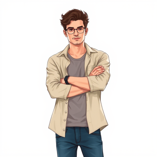 Generate a digital illustration of a man with a casual look, arms crossed, wearing a light-colored shirt over a gray t-shirt and blue jeans, standing confidently; use a high-resolution setting at 300 DPI with a 50mm lens, portrait view, soft lighting, and a shallow depth of field for enhanced focus on the subject.