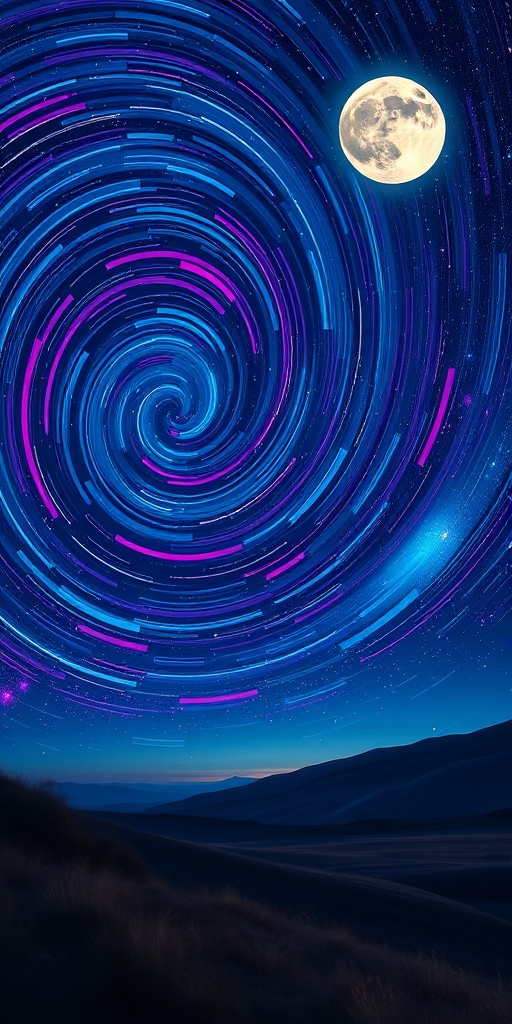 create a vibrant night sky painting with swirling stars and a bright moon over a serene landscape, using a high-resolution DSLR camera with a 50mm lens, f/1.8 aperture, ISO 100, and a long exposure of 5 seconds to capture depth and detail in color and texture.