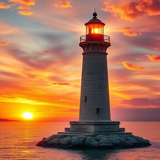 Generate an image of a tall lighthouse perched on a rocky outcrop surrounded by calm ocean waters during a breathtaking sunset. The lighthouse stands sturdy and weathered, its stone surface illuminated by the warm golden light of the setting sun. The sun's rays pass directly through the glass lantern room at the top of the lighthouse, casting a brilliant light across the scene. The sky is painted with vibrant shades of orange, pink, and purple, reflecting off the tranquil sea. The surrounding water shimmers with the same warm hues, creating a serene and majestic atmosphere.