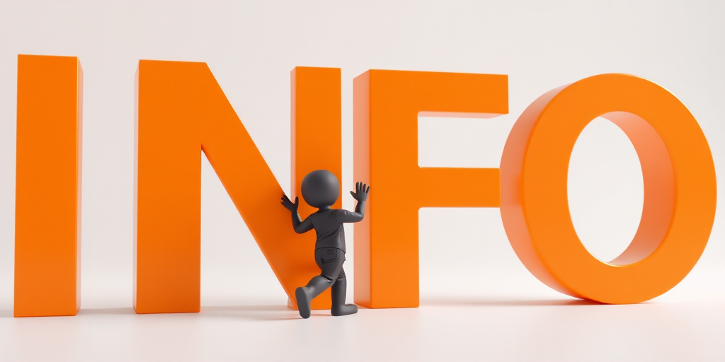 3D illustration of a small figure interacting with large orange letters spelling "INFO" on a white background, shot with a Canon EOS R5, 50mm lens, aperture f/1.8, ISO 100, in a studio setting with soft lighting to enhance the details and depth.