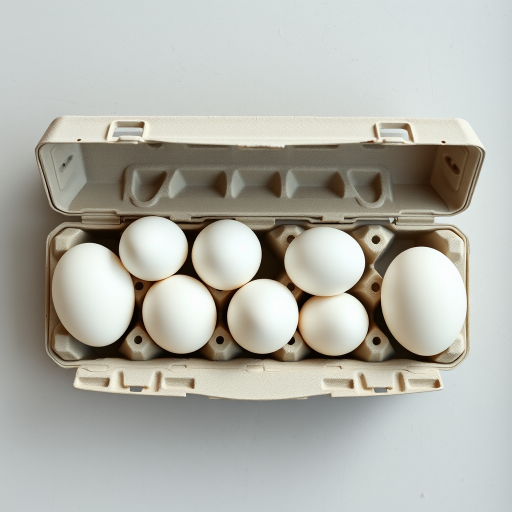 High-resolution image of a carton of ten white eggs on a neutral background, taken with a DSLR camera at f/2.8 aperture, ISO 100, 1/60 second shutter speed, overhead view, natural lighting for enhanced clarity and detail.