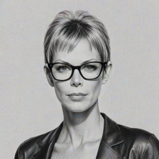 Alluring Jaime Lee Curtis, pencil sketch, portrait of Gorgeous woman 1968s in glasses, hair style beatnik, outline, clear lines, fine lines, 8k