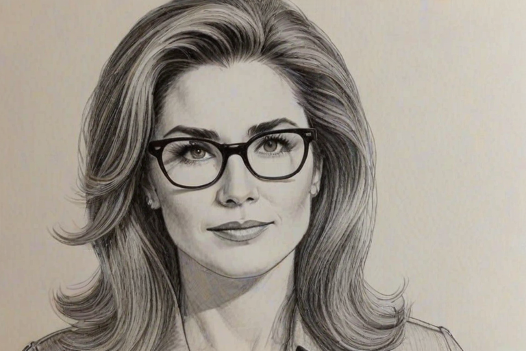 Beauteous Peri Gilpin, pencil sketch, portrait of Charming woman 1965s in glasses, hair style beatnik, outline, clear lines, fine lines, 8k