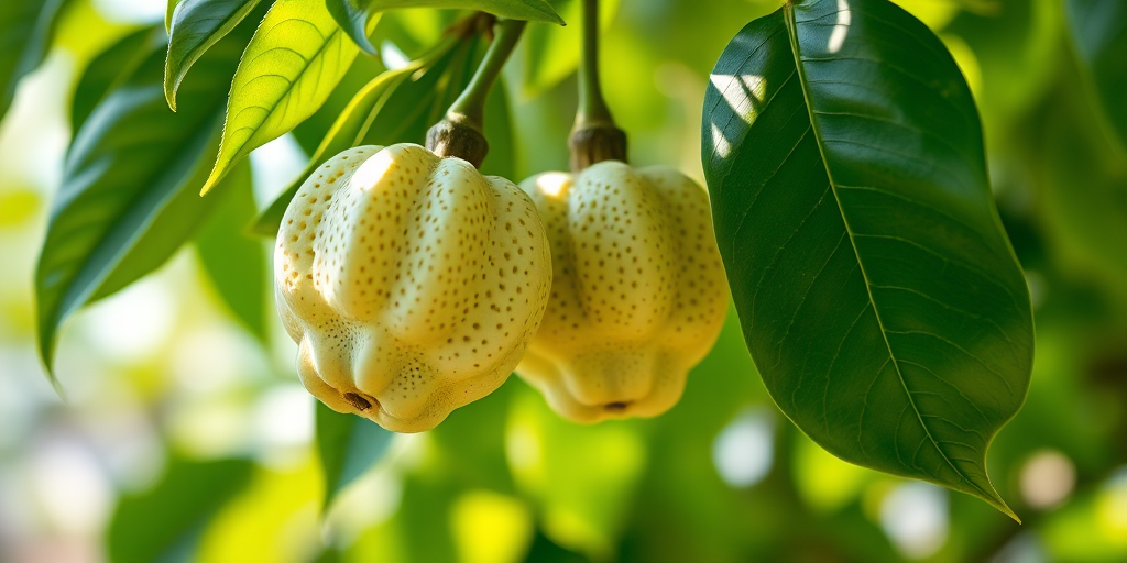 High-resolution close-up photograph of cherimoya fruit hanging from a branch with lush green leaves, natural lighting, aperture f/2.8, ISO 100, 50mm lens, DSLR camera, shallow depth of field.
