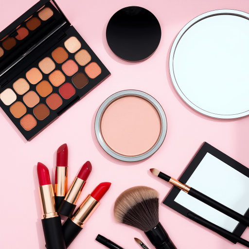 Create a flat lay composition of makeup items including lipsticks, eyeshadow palettes, brushes, and a mirror on a soft pink background, captured with a DSLR camera at a 50mm lens, aperture f/1.8, ISO 100, natural lighting for enhanced colors and shadows.